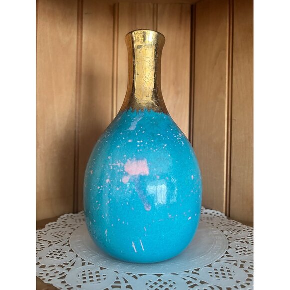 Vintage Unique Turquoise & Gold Crackle Ceramic Vase Pink Drip Accents Flower - Picture 1 of 8